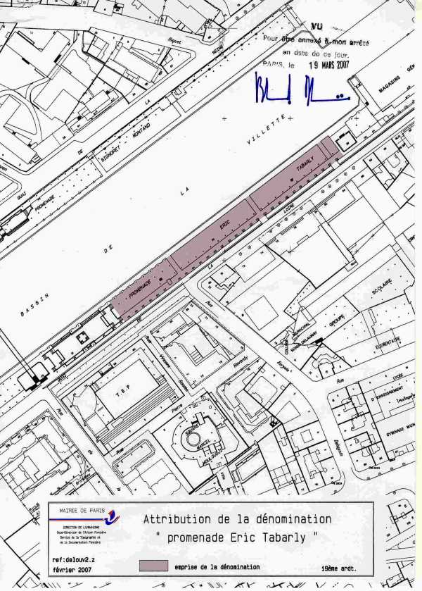 Exemplaire d’acte administratif se rapportant à la promenade Eric Tabarly, crée en 2007 dans le 19ème.